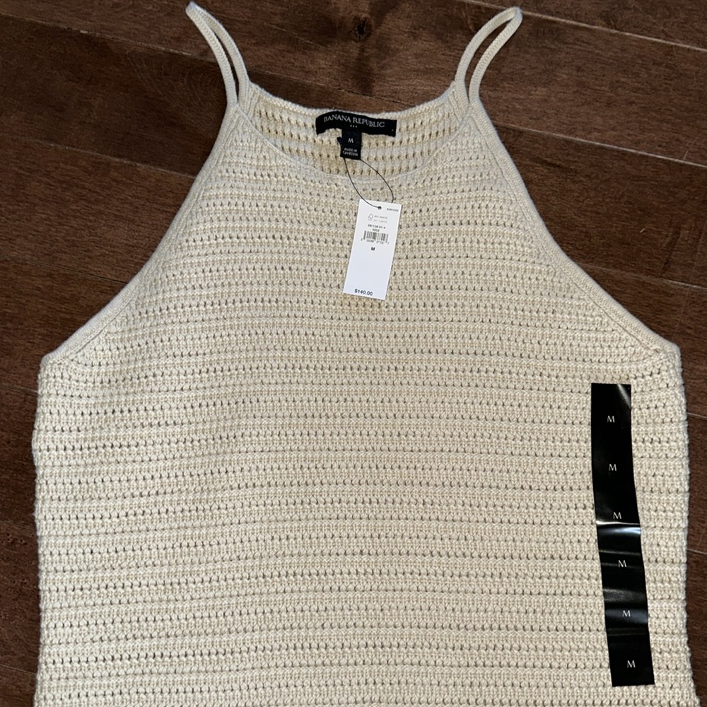 Sz M⭐️NWT Banana Republic Glen S 2023 Oyster Pearl Crochet Halter Cotton Dress